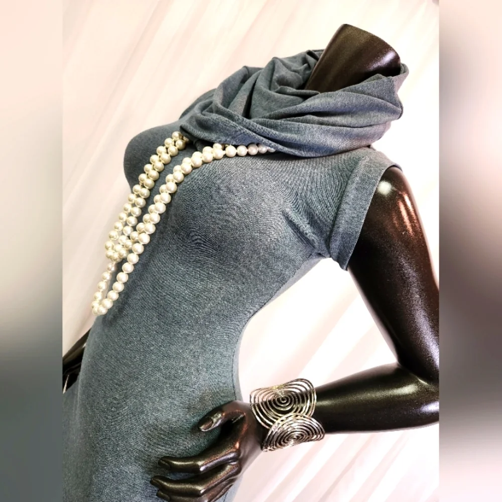 Green-Blue Sleeveless Dress with Cowl Neck -Mannequin Worn Only. - Picture 2 of 16